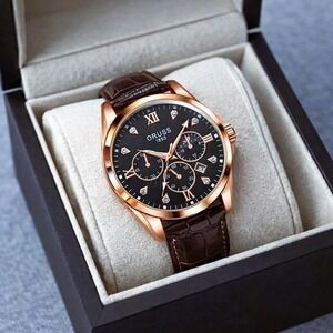 Oruss 1853 Mens Chronograph Watch Rose Gold Black Dial Brown Leather Strap NEW